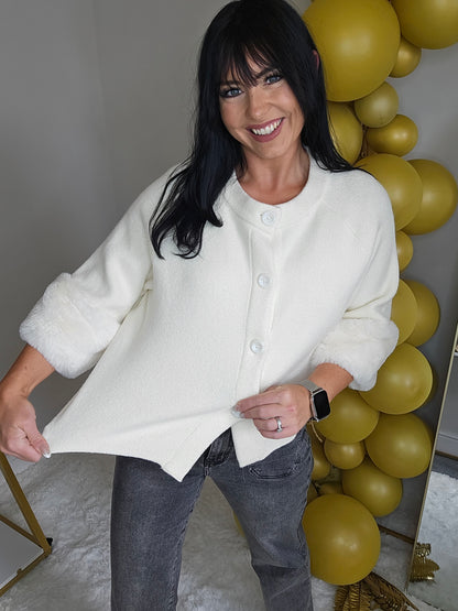 Oslo Faux Fur Sleeve Cardigans - (One Size, fits up to Size 16) Cream
