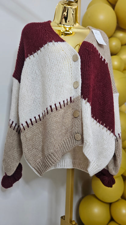 Patsy Patchwork Cardigan - (Wine) - One Size fits up to Size 16
