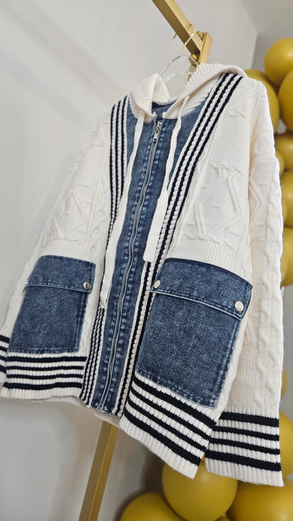 Callie Cable Hoodie with Denim - One Size - fits from Size 12 up to Size 18