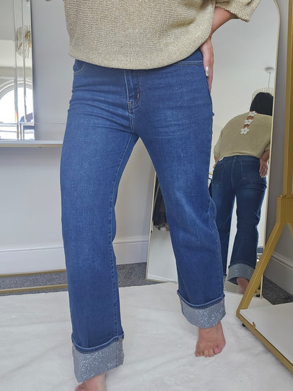 Aster Crystal Turn Up Wide Leg Jeans - (choose your Size)