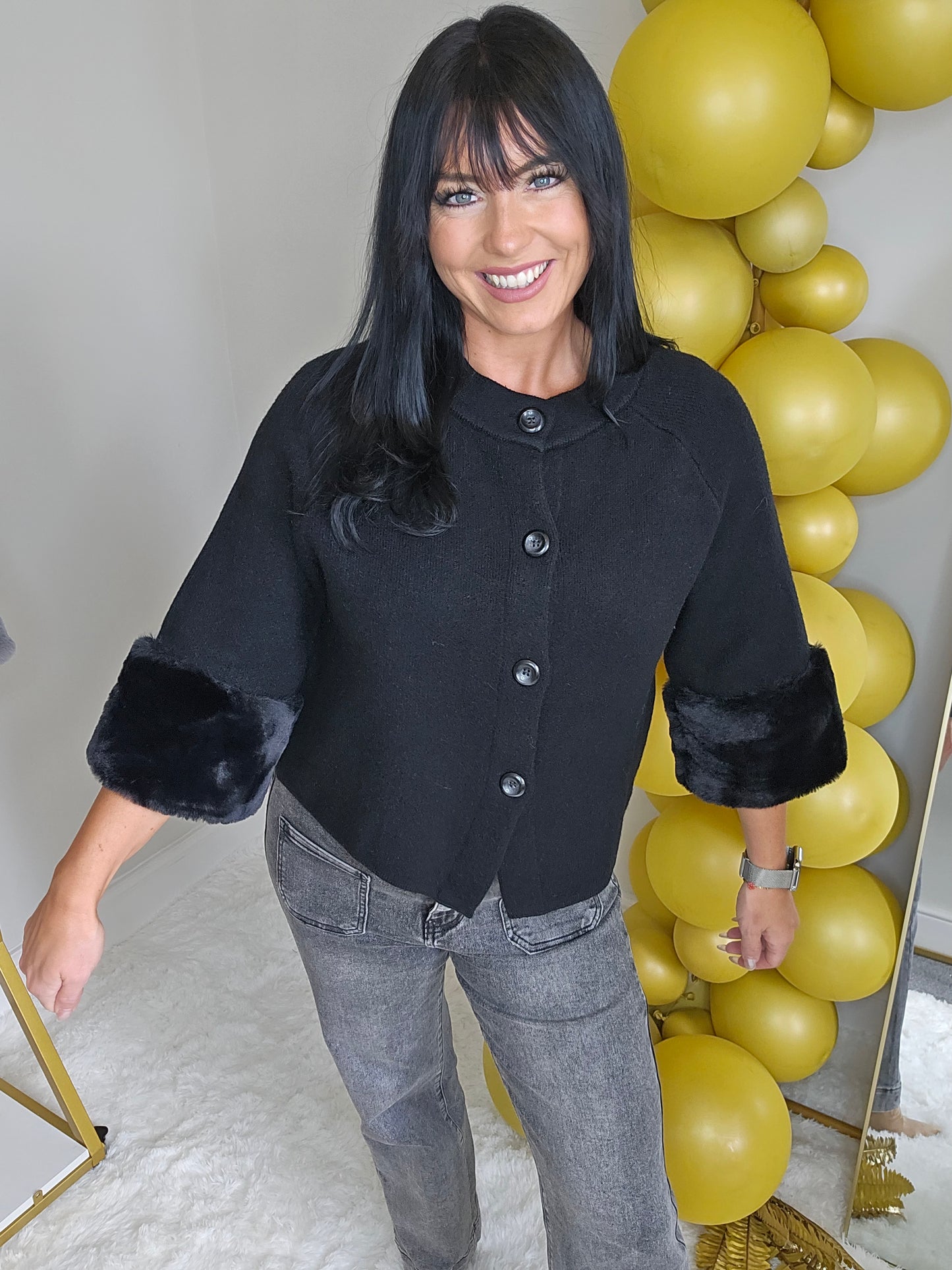 Oslo Faux Fur Sleeve Cardigans - (One Size, fits up to Size 16) Black
