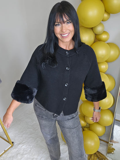 Oslo Faux Fur Sleeve Cardigans - (One Size, fits up to Size 16) Black