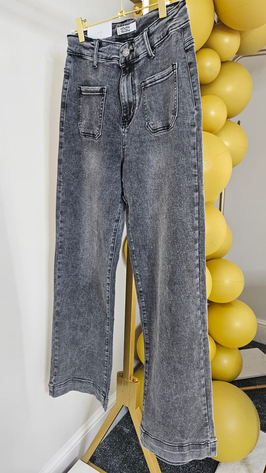 Jess Wide Leg Double Pocket Jeans - Grey Stonewash (choose your Size)