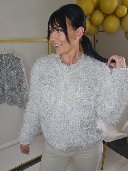 Paula Pearl & Crystal Eyelash Cardigan - (One Size fits up to Size 18) - Champagne/Silver