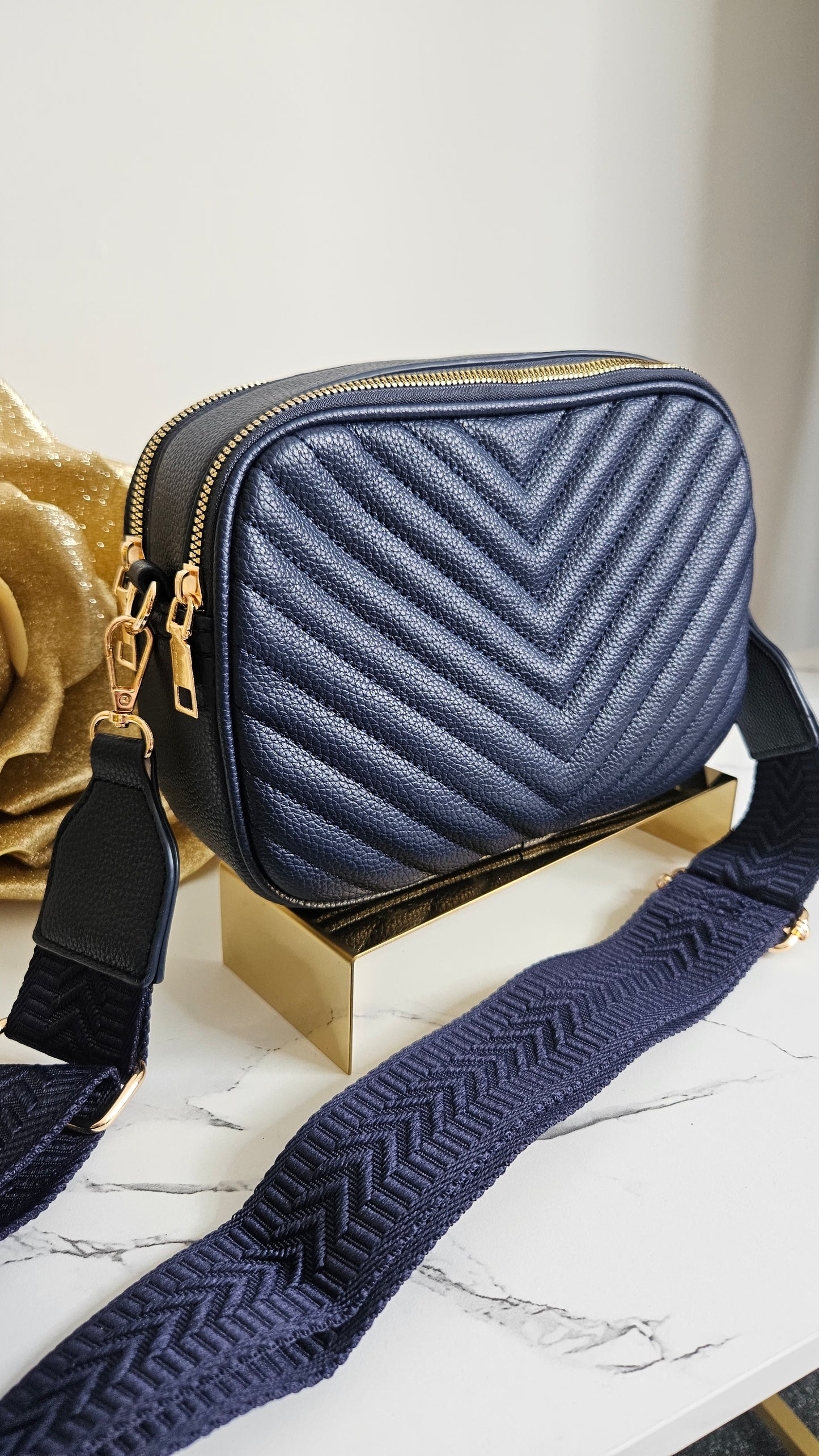 Charlotte Quilted Bag - Navy (Gold Tone)