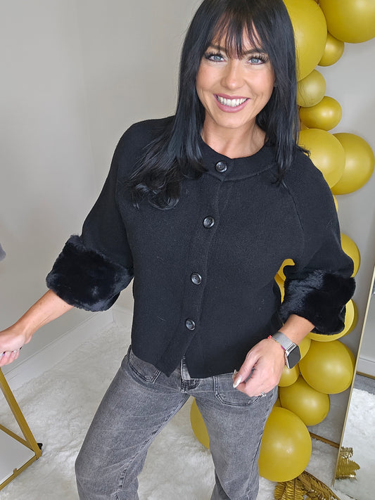 Oslo Faux Fur Sleeve Cardigans - (One Size, fits up to Size 16) Black