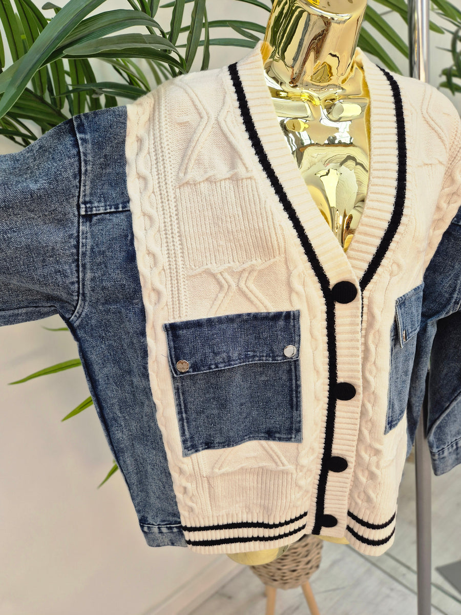 Callie Cable Cardigan with Denim - One Size - fits from Size 12 up to Size 18