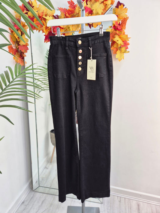 Folyrose Wide Leg Jeans with Buttons - Black (G Smack) - (choose your Size)