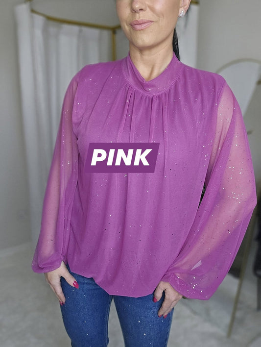 Robyn High Neck Sparkle Blouse - (One Size fits from Size 10 up to Size 16/18) Pink